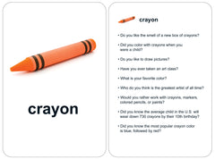 flashcard showing orange crayon and nine conversation starter questions
