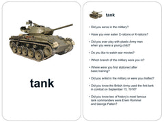 flashcard showing military tank and nine conversation starter questions