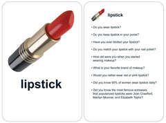flashcard showing tube of red lipstick and nine conversation starter questions