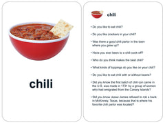 flashcard showing bowl of chili and nine conversation starter questions