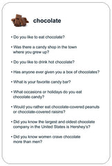 Back of chocolate flashcard showing nine conversation starter questions