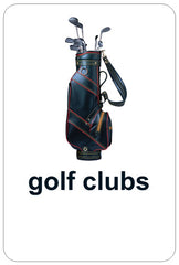 Front of flashcard showing golf bag with clubs