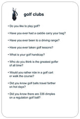 Back of golf clubs flashcard showing nine conversation starter questions